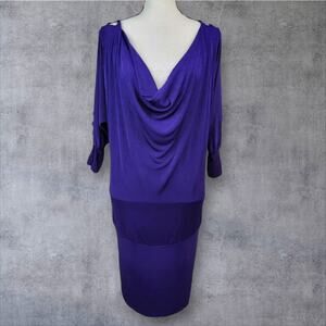 VTG 80s Purple Cowl Neck Dress Womens Sz S M Batwing Slit Sleeve Midi Drop Waist